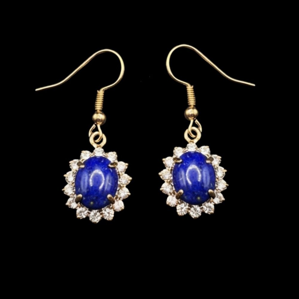 Vintage Lapis Lazuli & Swarovski Crystal Dangle Earrings: 18K Gold Plated Signed